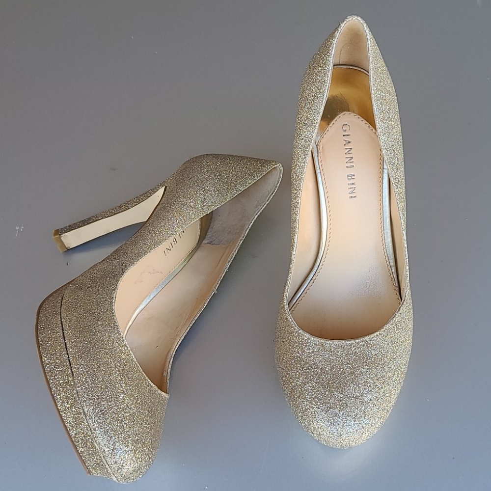 GIANNI BINI Jeanna Champagne Glitter Platform Heels 9.5 Pumps Stilettos - Picture 5 of 16